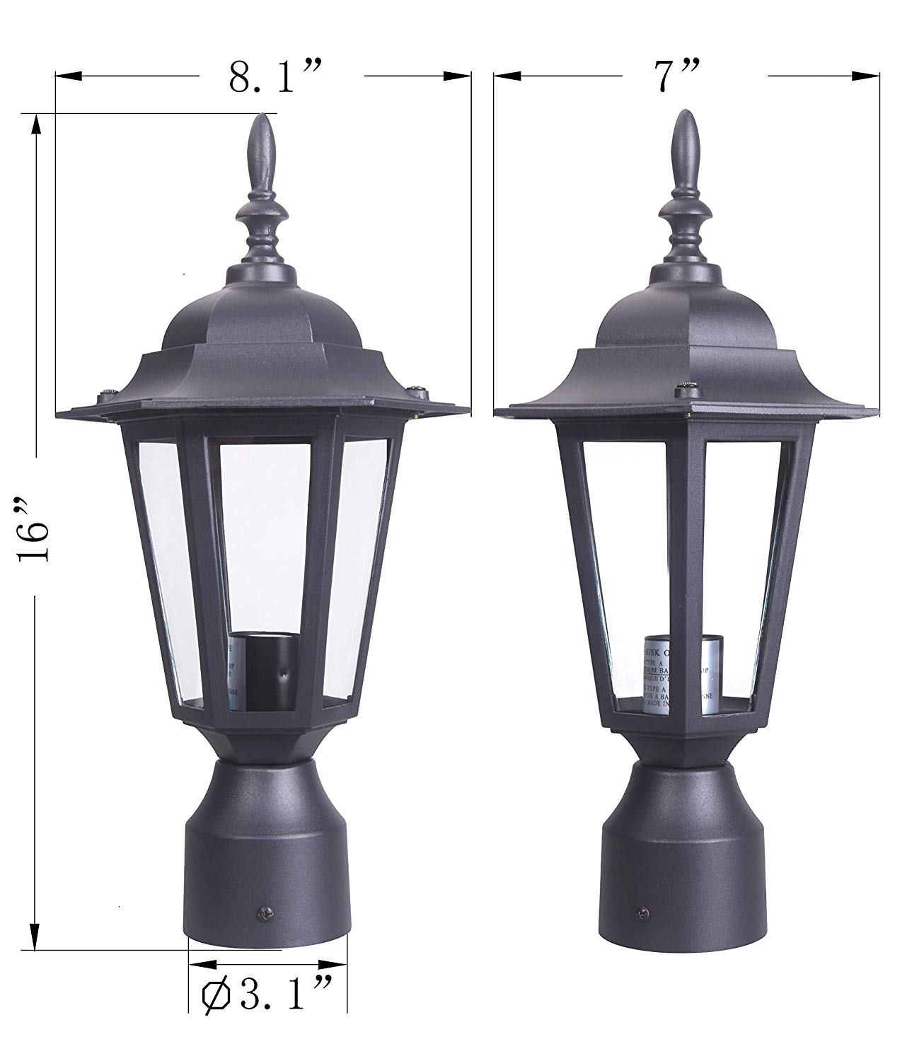LIT-PaTH Outdoor Post Light Pole Lantern Lighting Fixture with One E26 Base Max 60W, Aluminum Housing Plus Glass, Matte Black Finish 