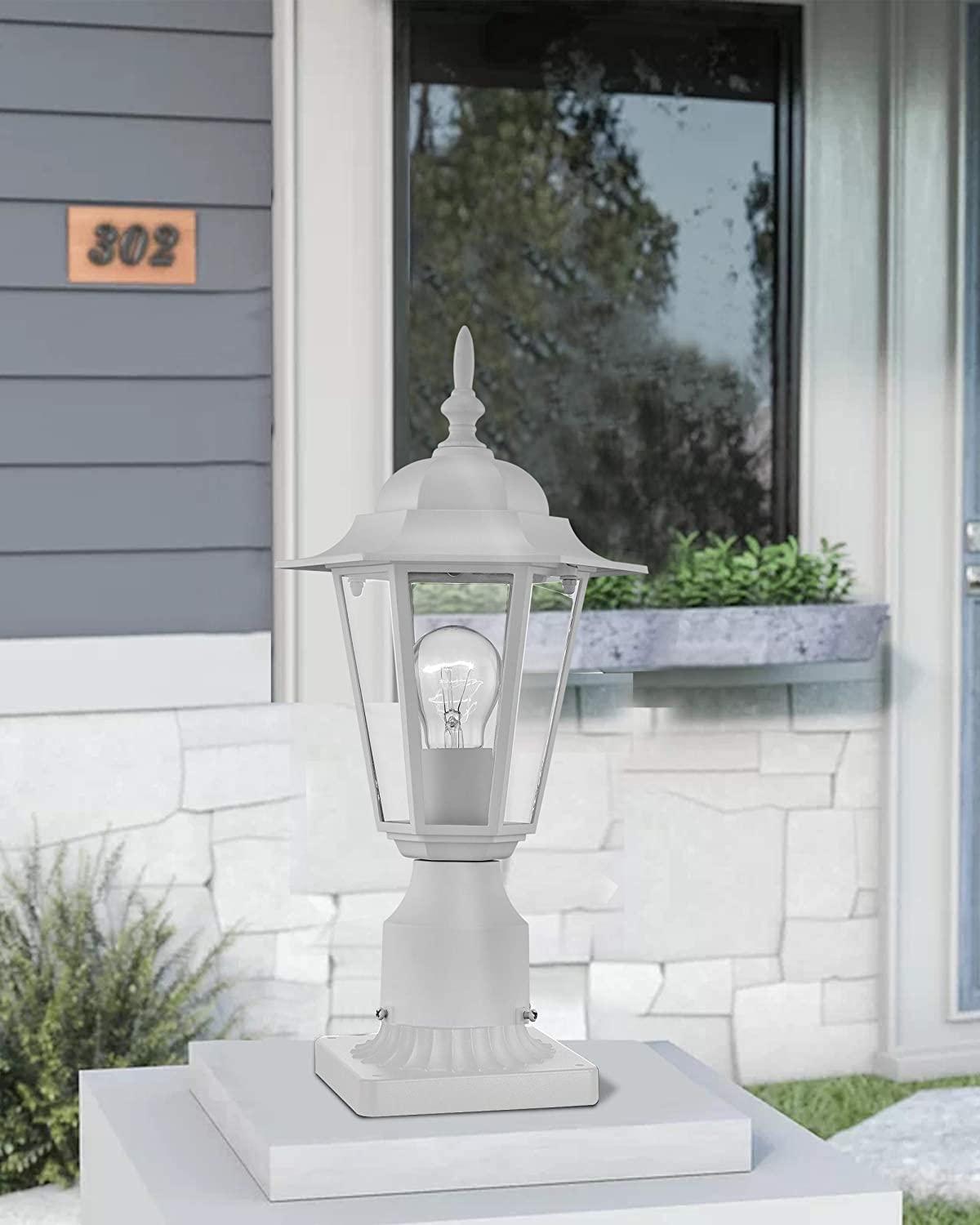 Gruenlich Outdoor Post Lighting Fixture with One E26 Medium Base Max 100W, Aluminum Housing Plus Glass, Bulb Not Included (White Finish)